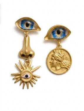 🆕️ Matte Elegant Gold Eye and Sun Dangle Earrings Schiaparelli Style Inspo NWOT